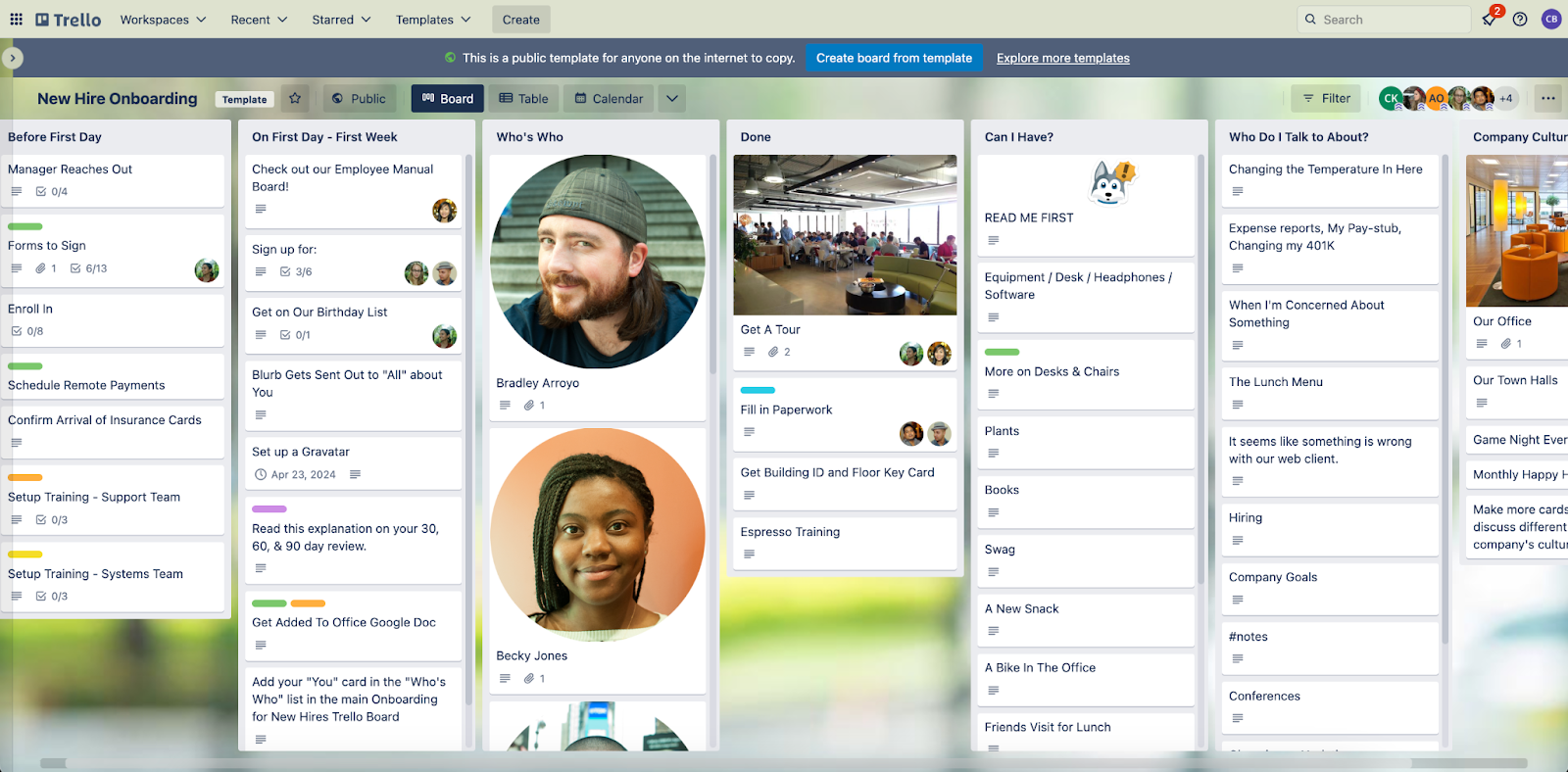 Screenshot of Trello's New Hire Onboarding board template