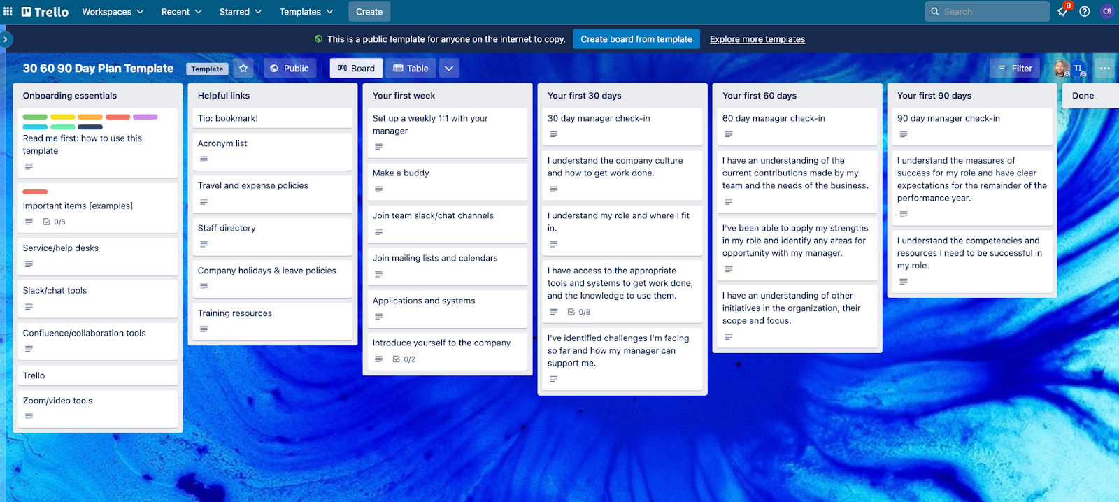 Screenshot of Trello's 30 60 90 Day Plan Template board