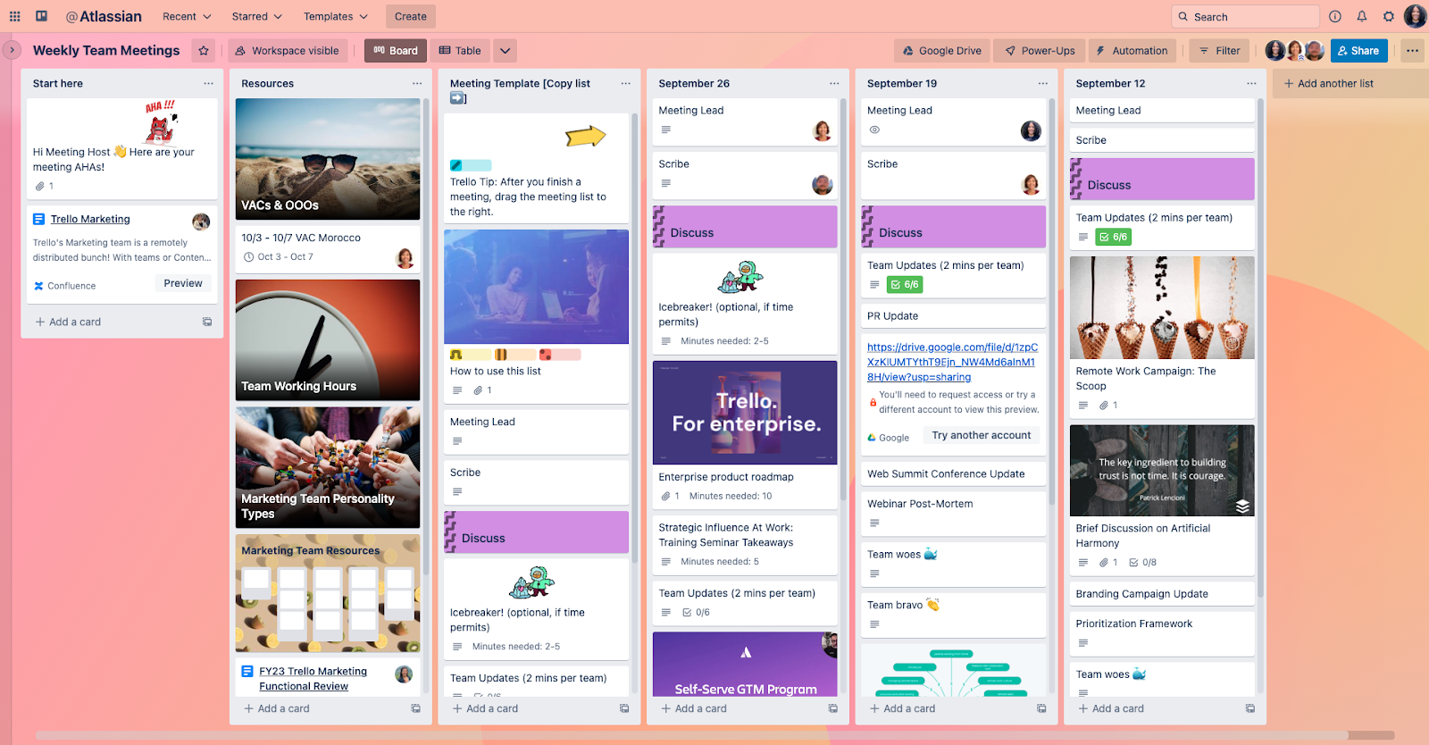 Trello screenshot of team meeting template