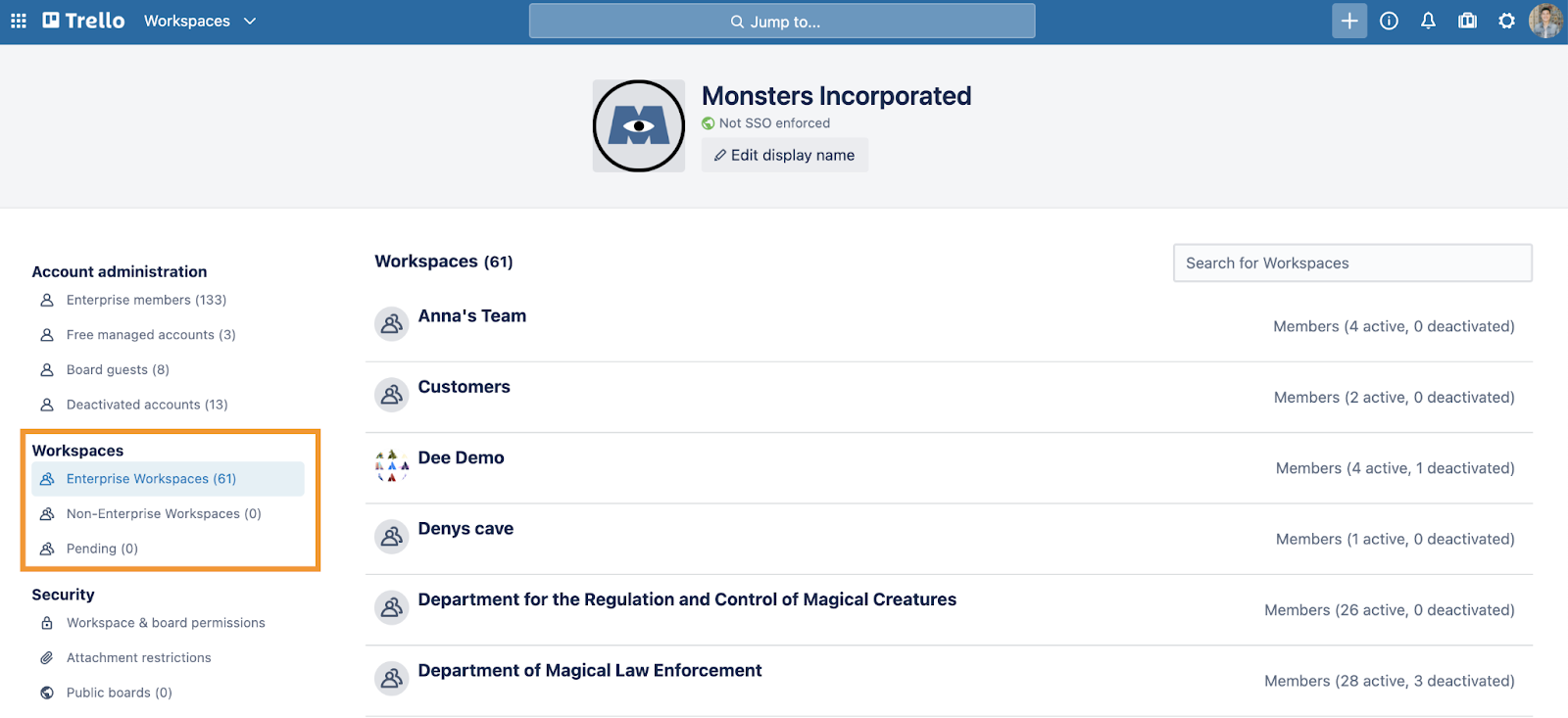 An image showing how to view Workspaces in the Trello Enterprise Admin Dashboard