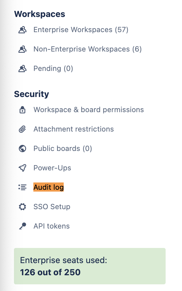 An image showing the link to the Audit Log on the Trello Enterprise Admin navigation menu