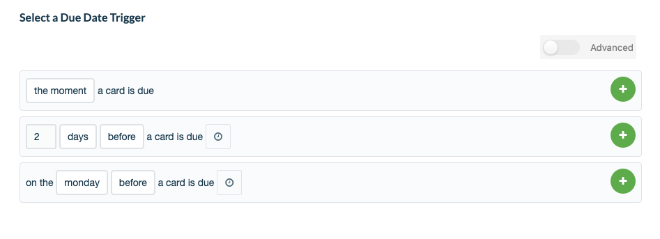 An image showing how to select a Due Date Trigger in Butler