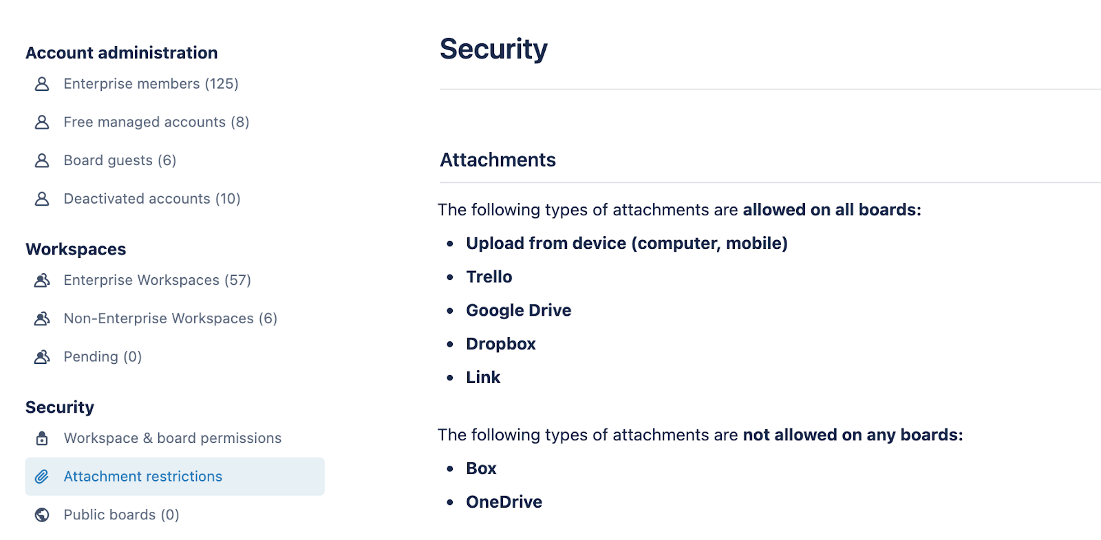 An image showing board attachment restrictions for a Trello Workspace