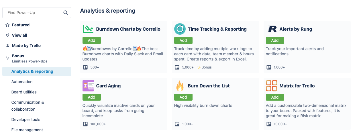 An image showing Trello Power-Ups for analytics and reporting