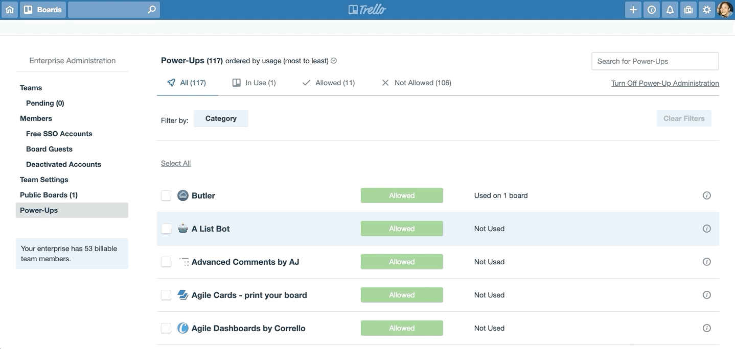 An image showing Power-Up Administration on a Trello Enterprise Admin Dashboard