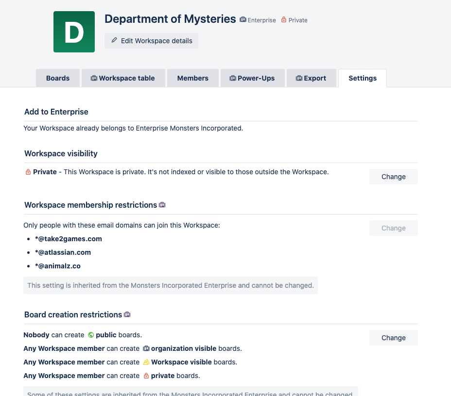 A view of a Settings screen for a Trello Workspace