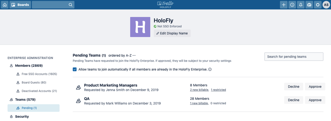 An image showing a view of pending requests in a Trello Enterprise Admin Dashboard